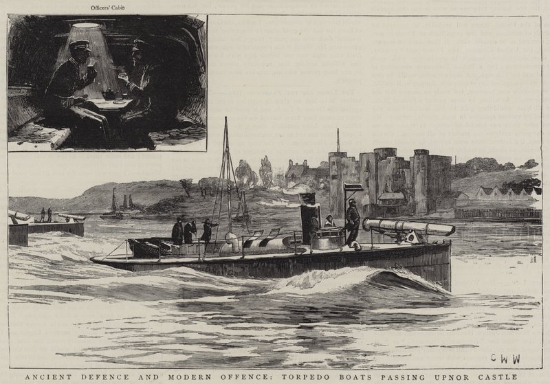 Gammelt forsvar og moderne angreb, torpedobåde, der passerer Upnor Castle af Charles William Wyllie
