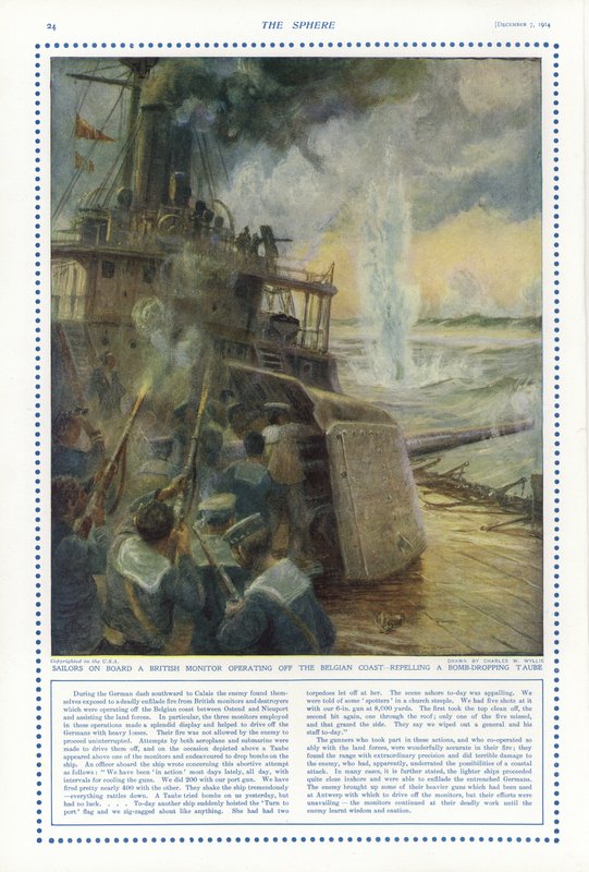 Sømænd om bord på en britisk monitor ud for den belgiske kyst, der afviste et bombe-slippende tysk taube-fly, første verdenskrig af Charles William Wyllie