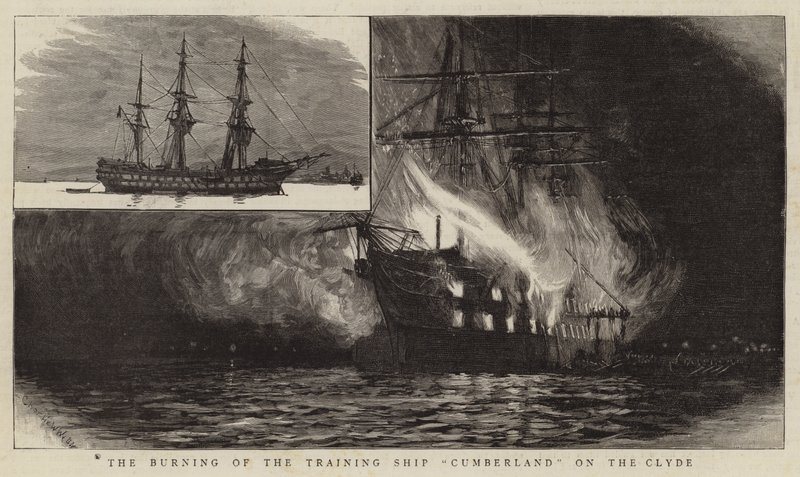 Afbrændingen af skoleskibet Cumberland på Clyde af Charles William Wyllie