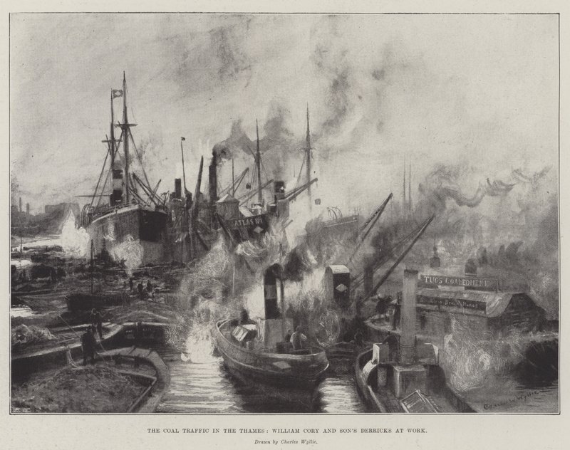 Kultrafikken i Themsen, William Cory og søns boretårne på arbejde af Charles William Wyllie