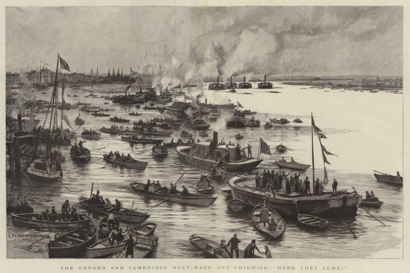 Oxford og Cambridge Boat-Race, ud for Chiswick, her kommer de! af Charles William Wyllie