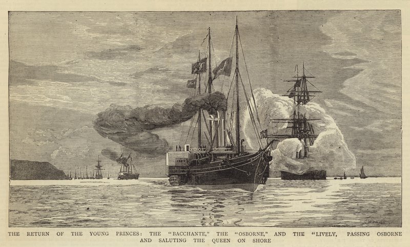 De unge prinsers tilbagevenden, Bacchante the Osborne og de livlige, passerer Osborne og hilser dronningen på kysten af Charles William Wyllie