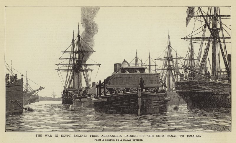 Krigen i Egypten, motorer fra Alexandria, der passerer op ad Suez-kanalen til Ismailia af Charles William Wyllie