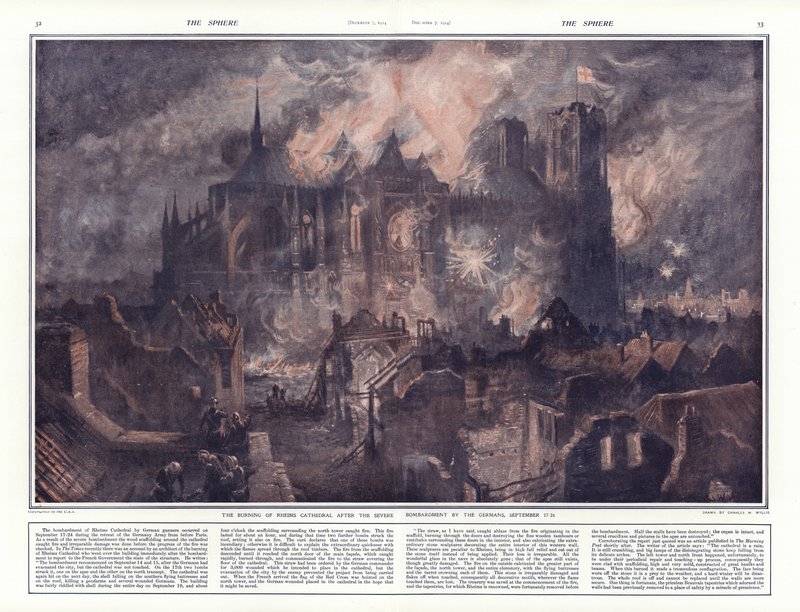 Brændingen af Reims katedral efter tyskernes voldsomme bombardementer, 17.-24. september 1914 af Charles William Wyllie