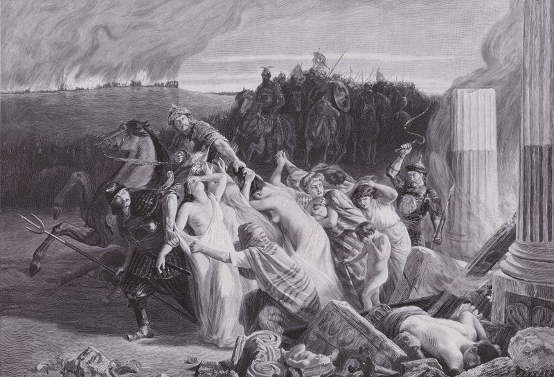 Gallere bortført af hunnerne (litho) af Charles Alexandre Coessin de la Fosse