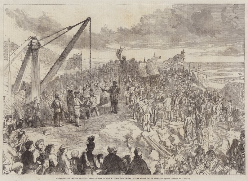 Ceremoni for nedlæggelse af grundstenen til Wallace-monumentet på Abbey Craig, Stirling af Charles Altamont Doyle