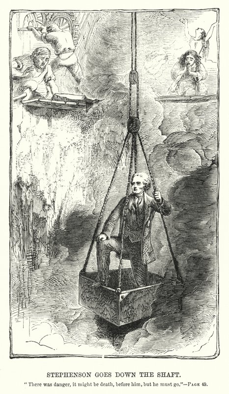 Stephenson går ned af skaftet (gravering) af Charles Altamont Doyle