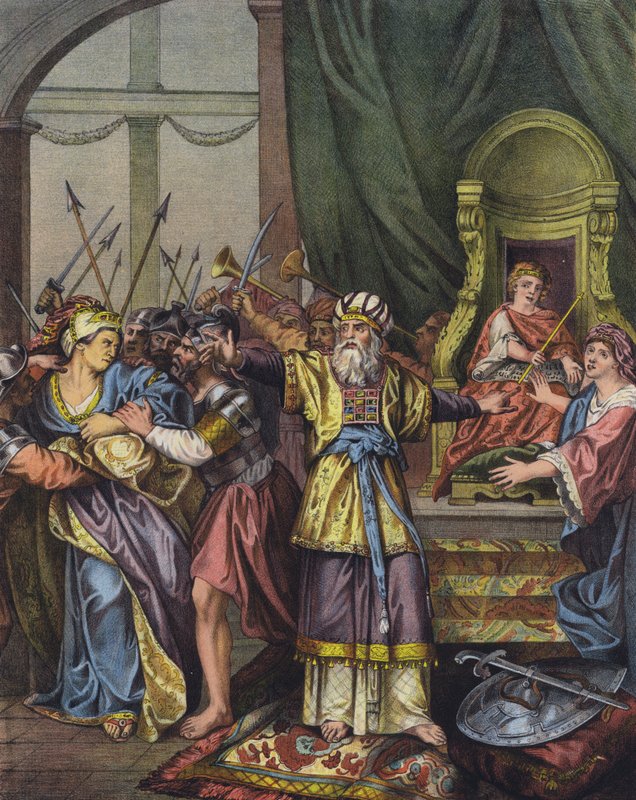 Dronning Athalia af Juda jaget fra templet og erstattet som hersker af Joash (farve litho) af Charles Antoine (after) Coypel