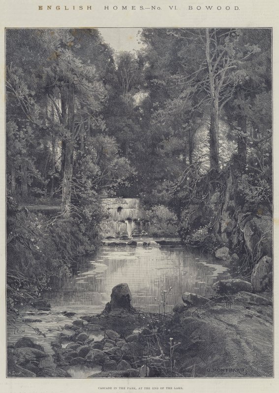 English Homes, Bowood, Cascade in the Park, ved enden af søen af Charles Auguste Loye