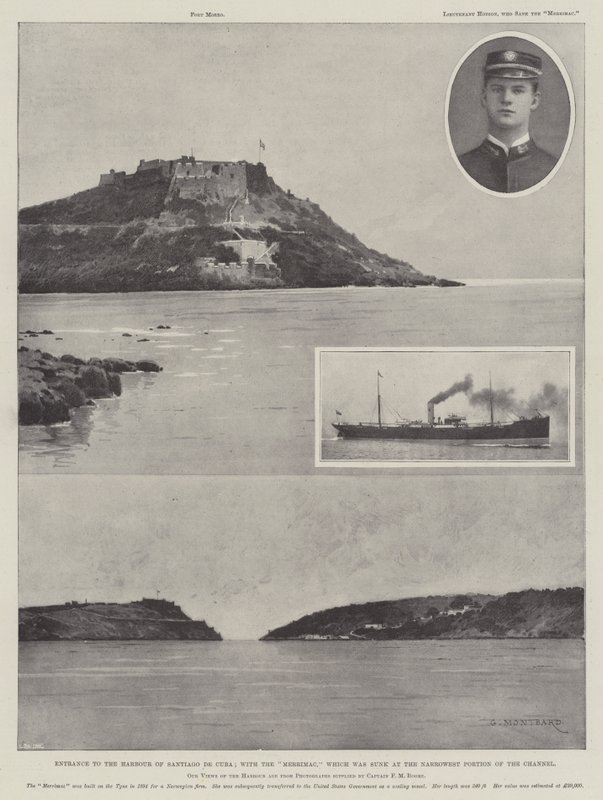 Indgang til havnen i Santiago de Cuba; med Merrimac som blev sænket ved den smalleste del af kanalen af Charles Auguste Loye