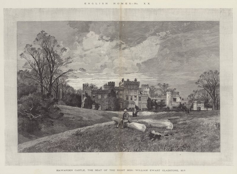 Hawarden Castle, sæde for parlamentsmedlemmet William Ewart Gladstone, den højærværdige William Ewart Gladstone af Charles Auguste Loye