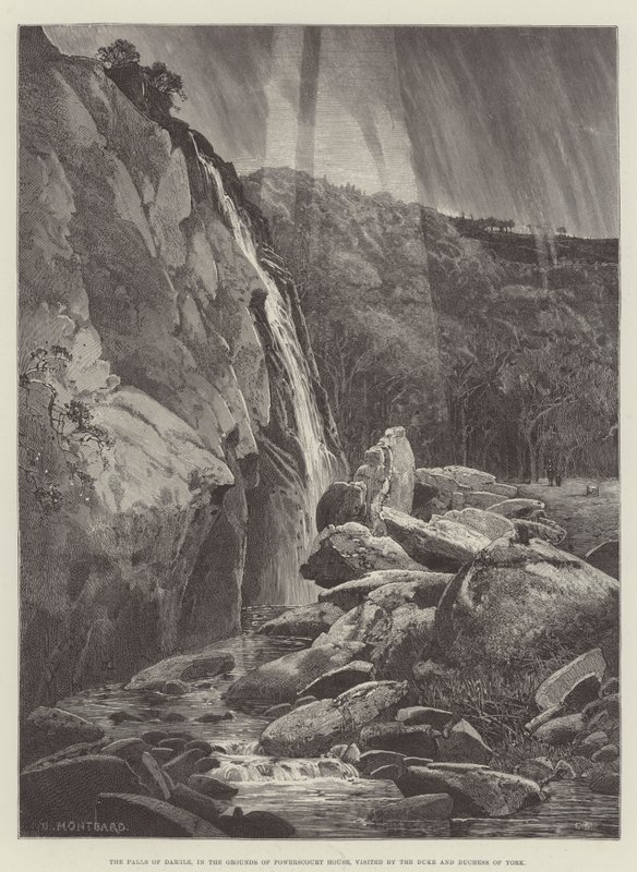 The Falls of Dargle, i Grounds of Powerscourt House, besøgt af hertugen og hertuginden af York af Charles Auguste Loye