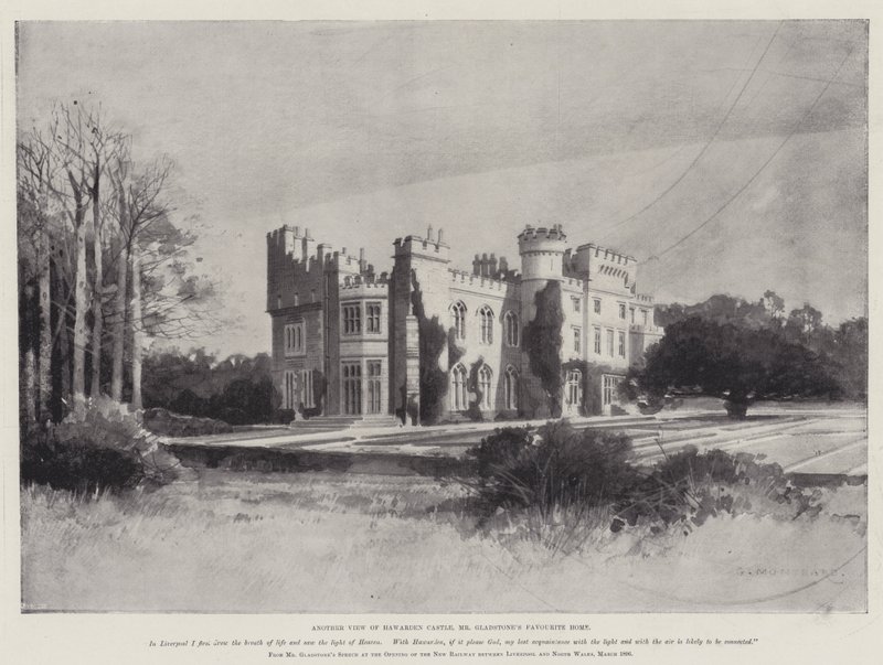 William Ewart Gladstones liv, en anden udsigt over Hawarden Castle, Gladstones yndlingshjem af Charles Auguste Loye