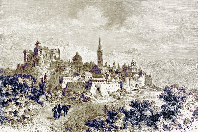 Udsigt over Spoleto, illustration fra "History of Rome" af Victor Duruy, udgivet i 1884 (digitalt forstørret billede) af Charles Barbant
