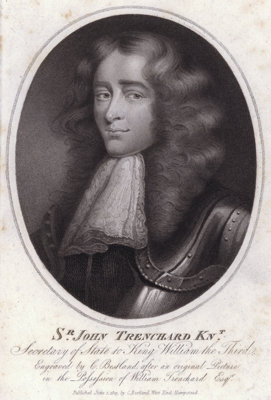 Sir John Trenchard, engelsk politiker og udenrigsminister for det nordlige departement under kong William III (gravering) af Charles Bestland