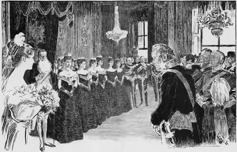 En debutants første glimt af Royalty, en scene i Dronningens Tegnestue af Charles Dana Gibson
