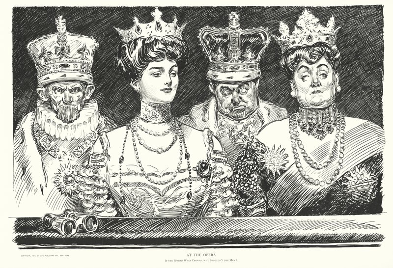 Hvis kvinderne i operaen bærer kroner, hvorfor skulle mændene så ikke gøre det (litografi) af Charles Dana Gibson