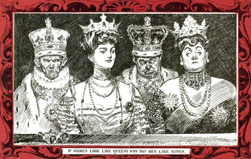 Hvis kvinder ligner dronninger, hvorfor så ikke mænd kan lide konger (farve litho) af Charles Dana Gibson