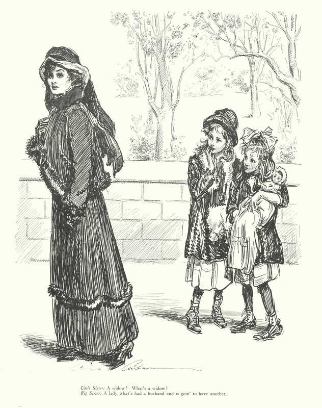Lillesøster: En enke Hvad er en enke Storesøster: En dame, der har haft en mand og skal have en anden (litografi) af Charles Dana Gibson
