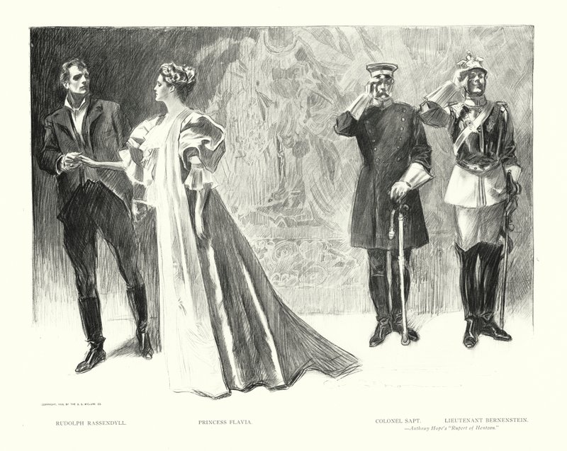 Rudolph Rassendyll, prinsesse Flavia, oberst Sapt, løjtnant Bernenstein (litografi) af Charles Dana Gibson