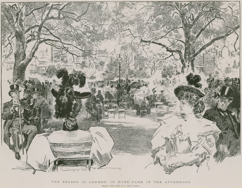 Sæsonen i Hyde Park, London, om eftermiddagen (gravering) af Charles Dana Gibson