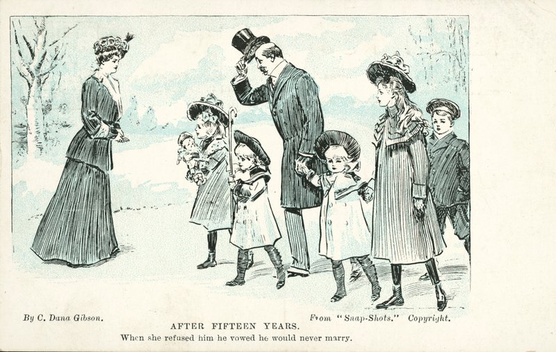 Kvinde, der møder den mand, hun nægtede i ægteskab, og som svor, at han aldrig ville gifte sig (farve litho) af Charles Dana Gibson