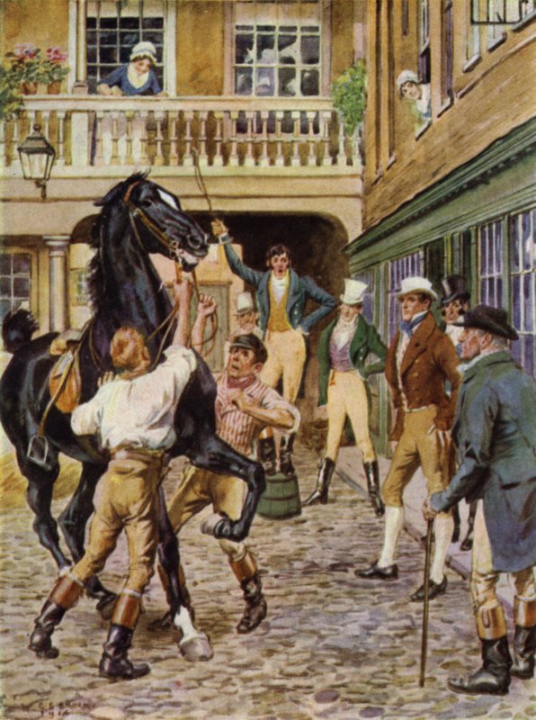 Illustration til The Amateur Gentleman af Jeffery Farnol (farve litho) af Charles Edmund (after) Brock