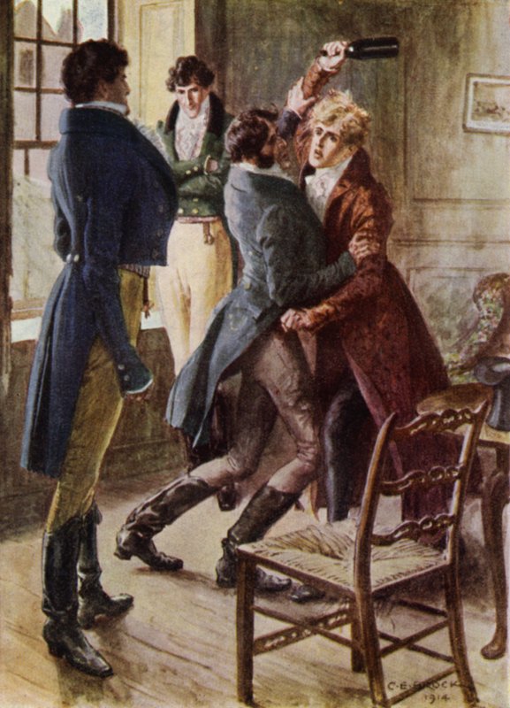 Illustration til The Amateur Gentleman af Jeffery Farnol (farve litho) af Charles Edmund (after) Brock