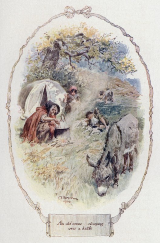 En gammel krone bøjer sig over en kedel (farve litho) af Charles Edmund Brock