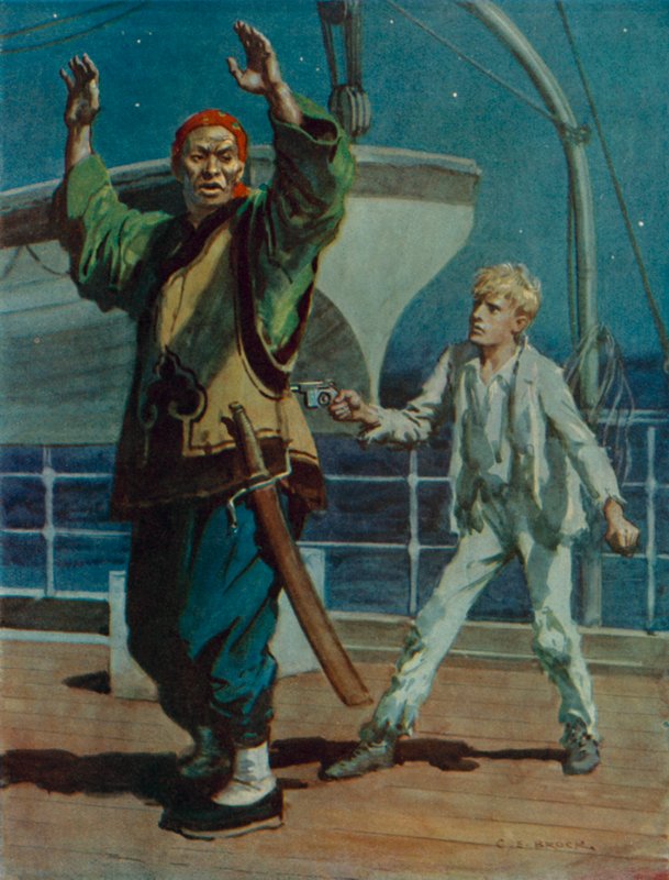 Dreng, der holder en kinesisk pirat under trussel med en pistol, scene fra Piraten Hai Ping (farvelitografi) af Charles Edmund Brock