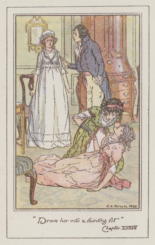Illustration for Sense and Sensibility af Jane Austen (farve litho) af Charles Edmund Brock