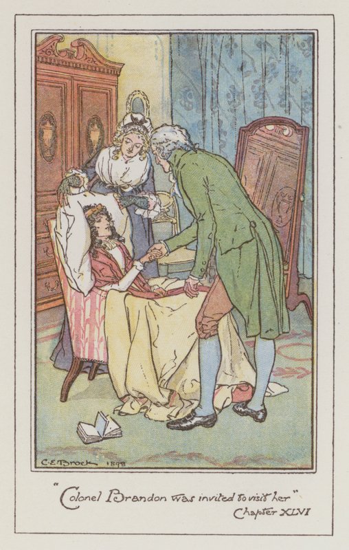 Illustration for Sense and Sensibility af Jane Austen (farve litho) af Charles Edmund Brock