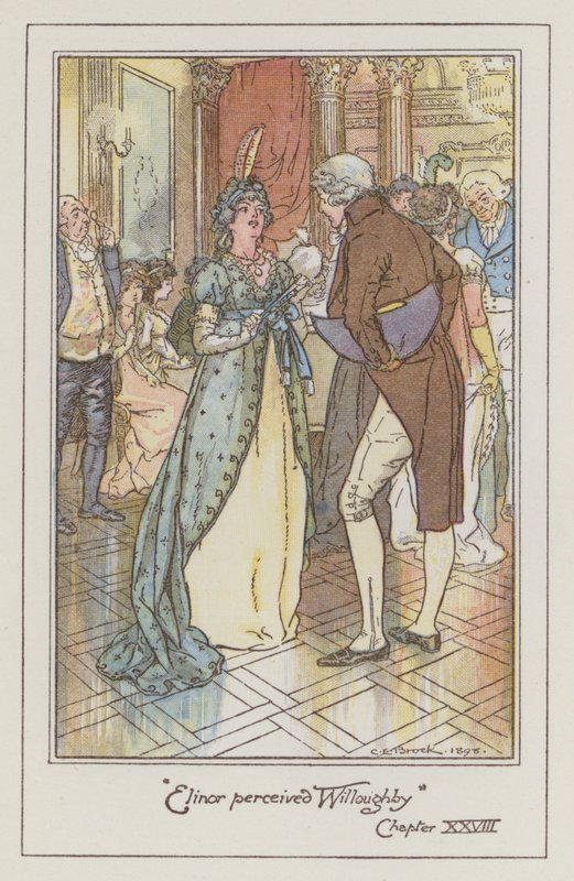 Illustration for Sense and Sensibility af Jane Austen (farve litho) af Charles Edmund Brock
