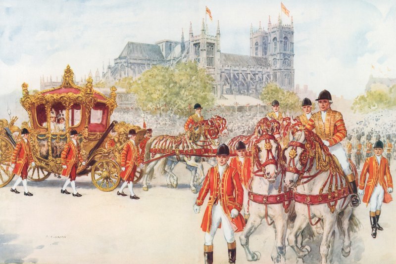 Kroningsvognen tænder på Embankment (farve litho) af Charles Edmund Brock