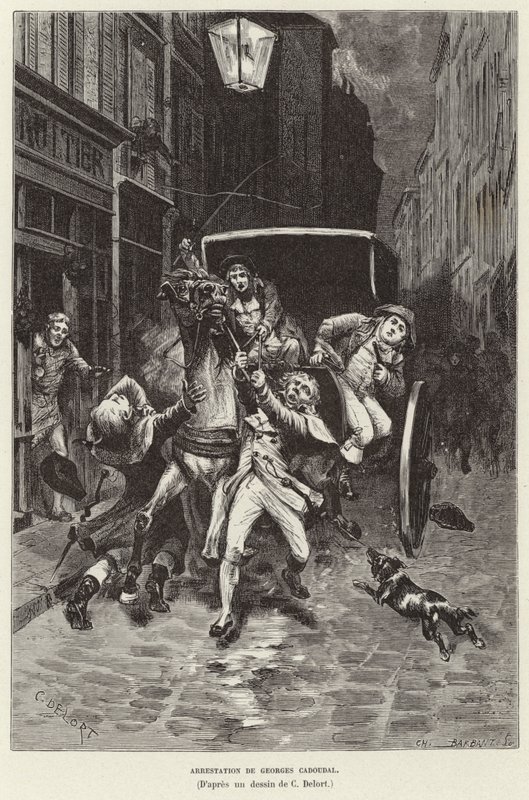 Arrestation af Georges Cadoudal. Arrestation af Georges Cadoudal, bretonsk royalistisk oprører, Paris af Charles Edouard Delort