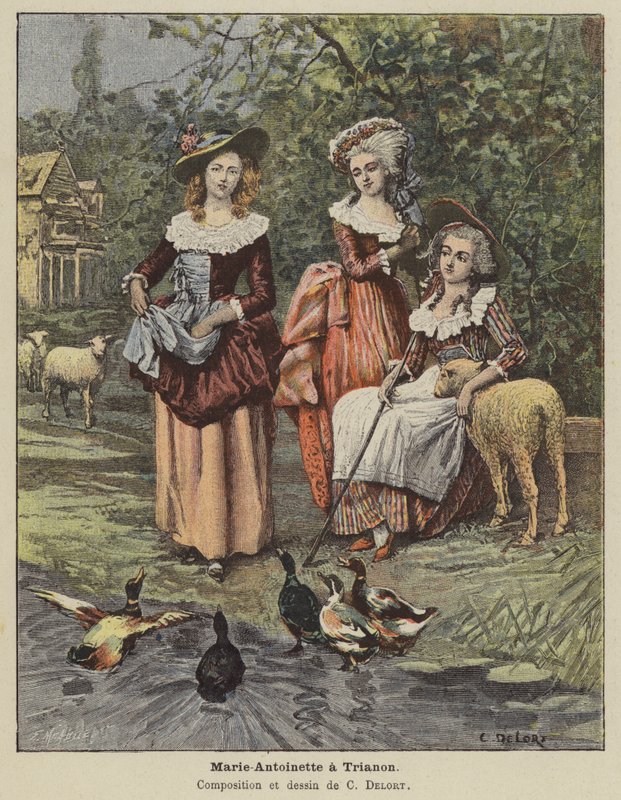 Marie Antoinette ved Trianon (farve litho) af Charles Edouard Delort
