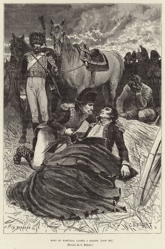 Mort du Marechal Lannes a Essling; Napoleon og den døende marskal Lannes i slaget ved Aspern-Essling, Østrig af Charles Edouard Delort