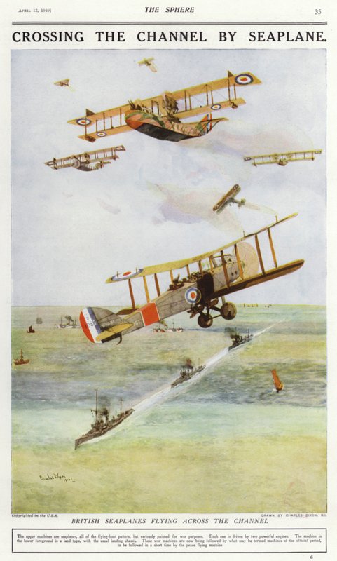 Britiske vandflyvere, der flyver over Den Engelske Kanal (farve litho) af Charles Edward (after) Dixon