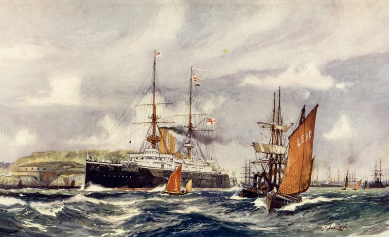 HMS Formidable i Plymouth Sound af Charles Edward Dixon