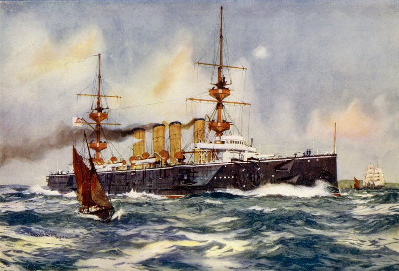 HMS Powerful Steaming Up Channel på hendes tilbagevenden fra Sydafrika af Charles Edward Dixon