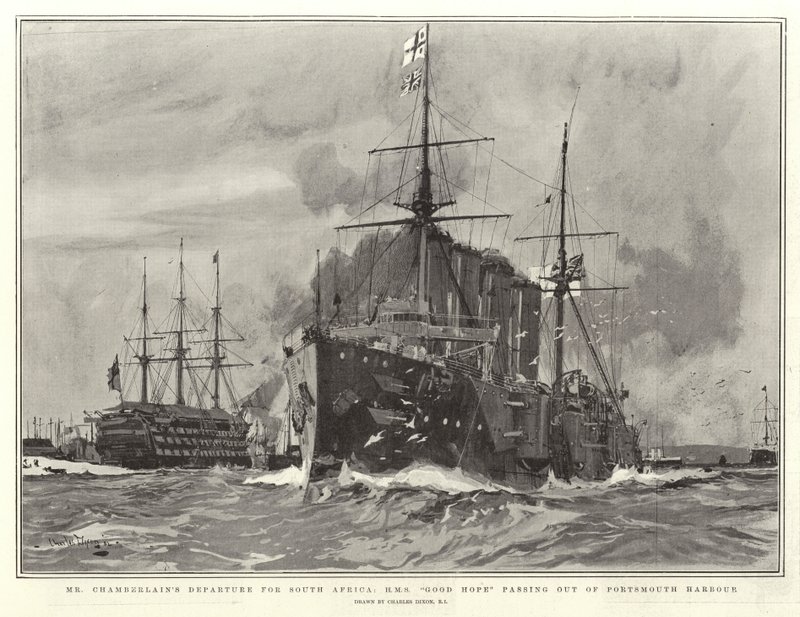 Chamberlains afgang til Sydafrika, H M S Good Hope passerer ud af Portsmouth Havn af Charles Edward Dixon