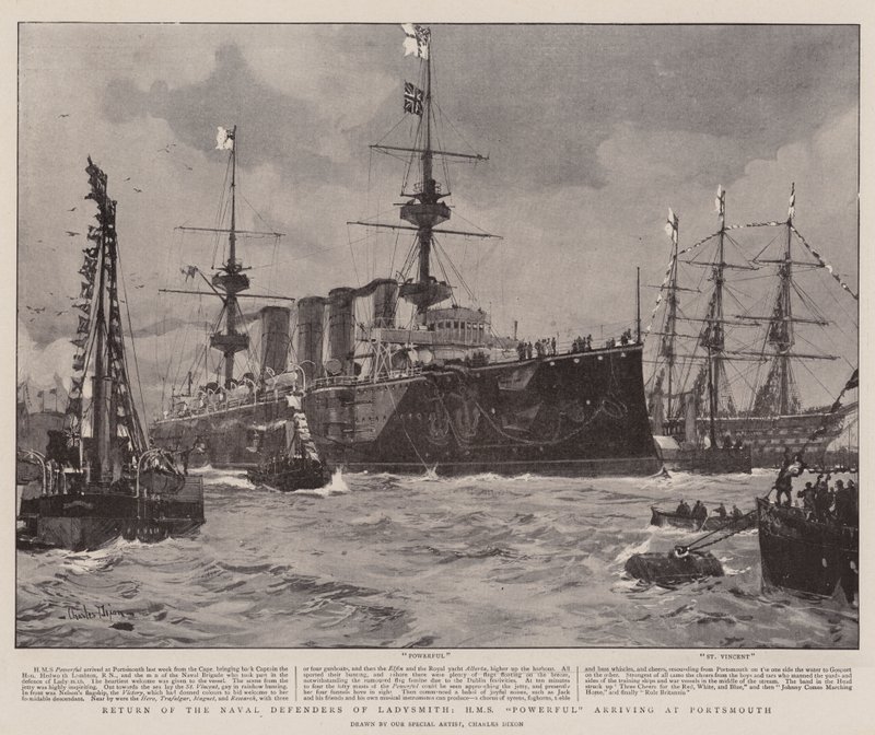 HMS Powerful, der forsvarer Ladysmith, vender tilbage til Portsmouth af Charles Edward Dixon