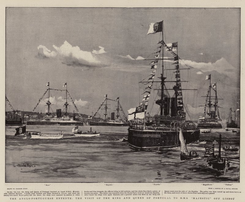 Den anglo-portugisiske entente, besøget af kongen og dronningen af Portugal til H M S Majestic ud for Lissabon af Charles Edward Dixon