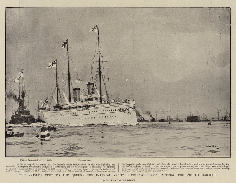 Kejserens besøg hos dronningen, den kejserlige yacht Hohenzollern på vej ind i Portsmouth havn af Charles Edward Dixon