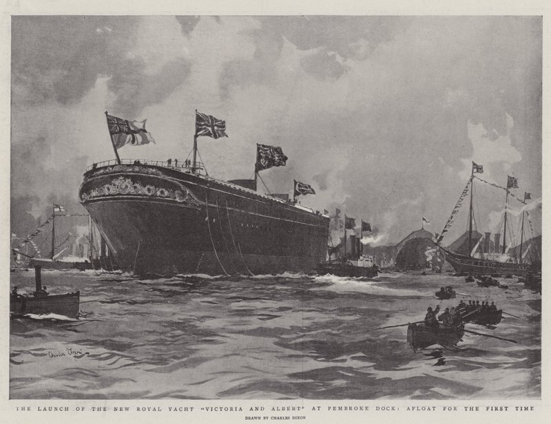 Lanceringen af den nye kongelige yacht Victoria og Albert ved Pembroke Dock, flydende for første gang af Charles Edward Dixon