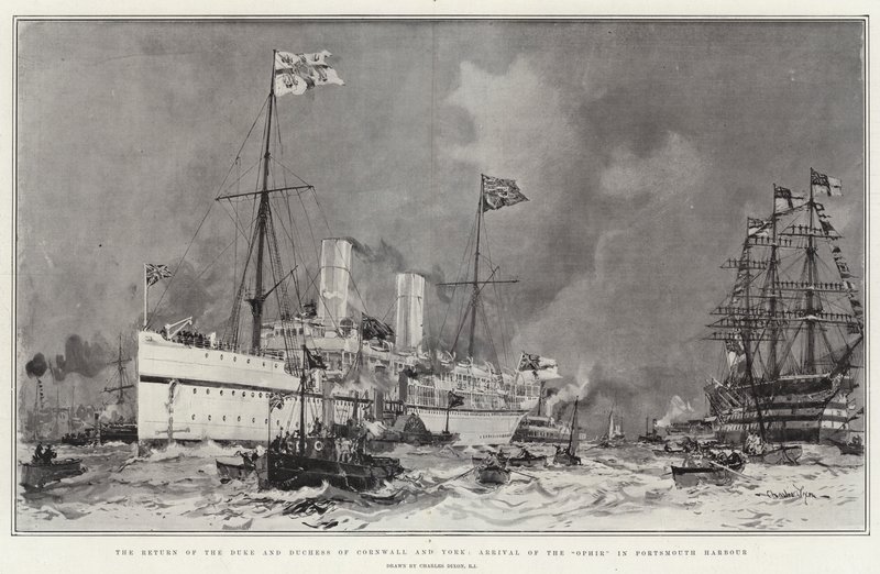 Hertugen og hertuginden af Cornwall og York vender tilbage, Ophirs ankomst til Portsmouth Havn af Charles Edward Dixon