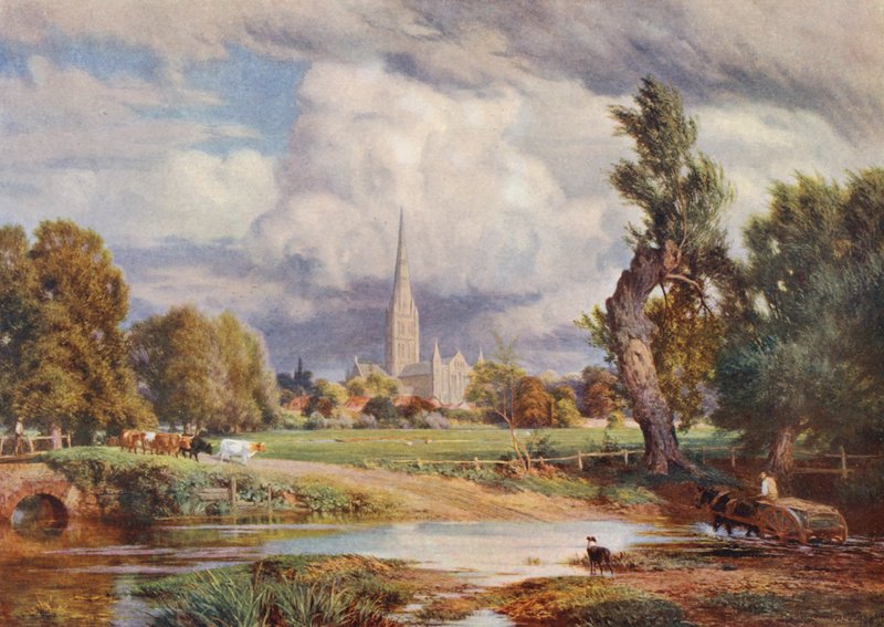 Salisbury Cathedral (farvelitografi) af Charles Edward Johnson