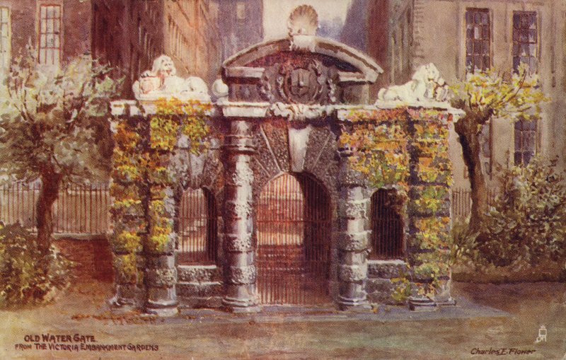 Den gamle vandport fra Victoria Embankment Gardens i London af Charles Edwin Flower