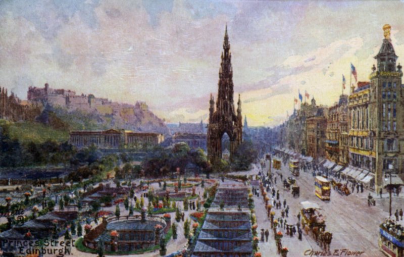 Princes Street, Edinburgh, Skotland (farve litho) af Charles Edwin Flower