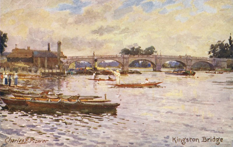 Themsen: Kingston Bridge (farvelitografi) af Charles Edwin Flower